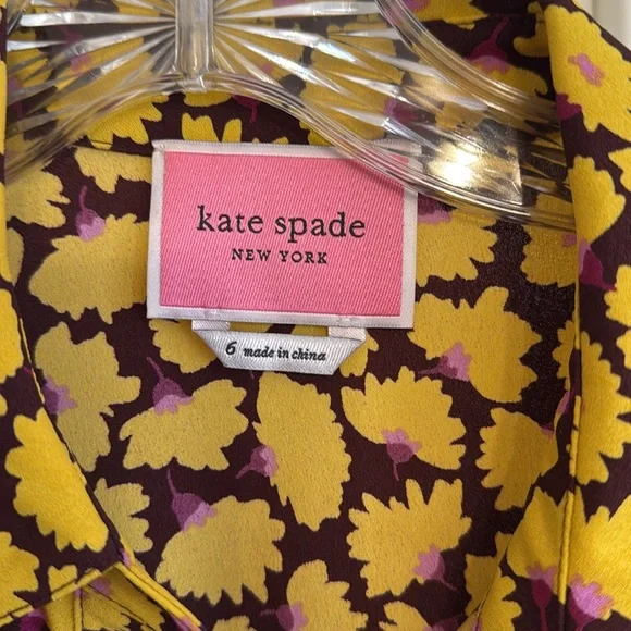 Kate Spade Sunny Bloom Yellow Floral Ruched-Front Shirt Dress 6 - Picture 2 of 12